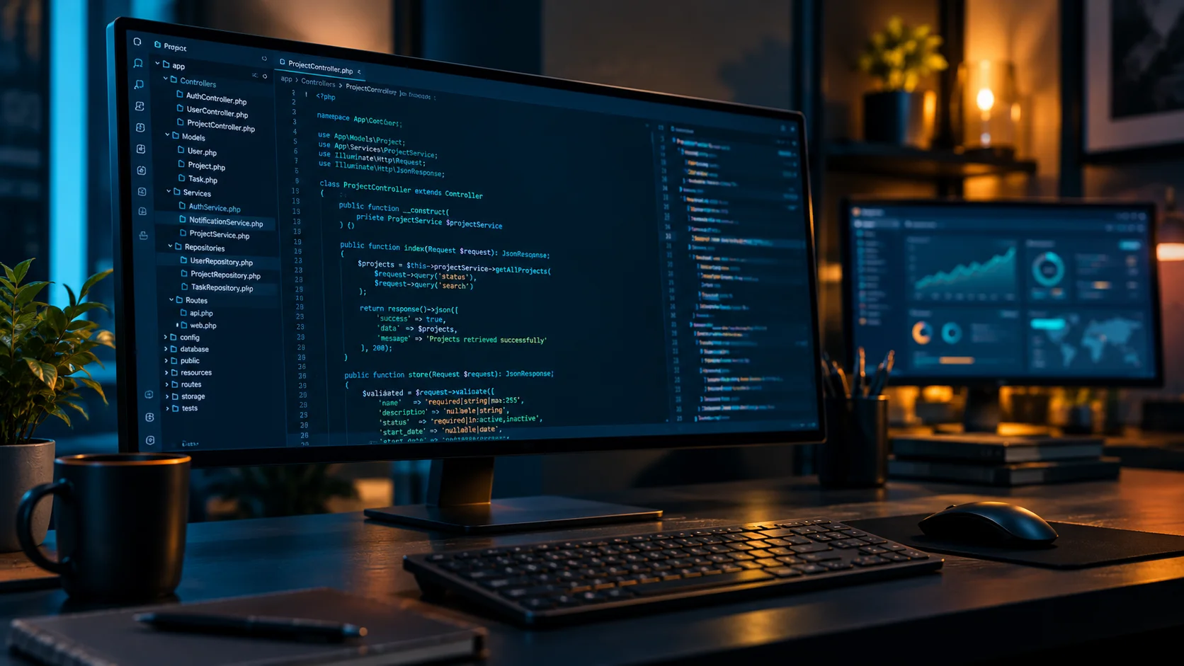 Laravel code on a developer monitor for custom web application development