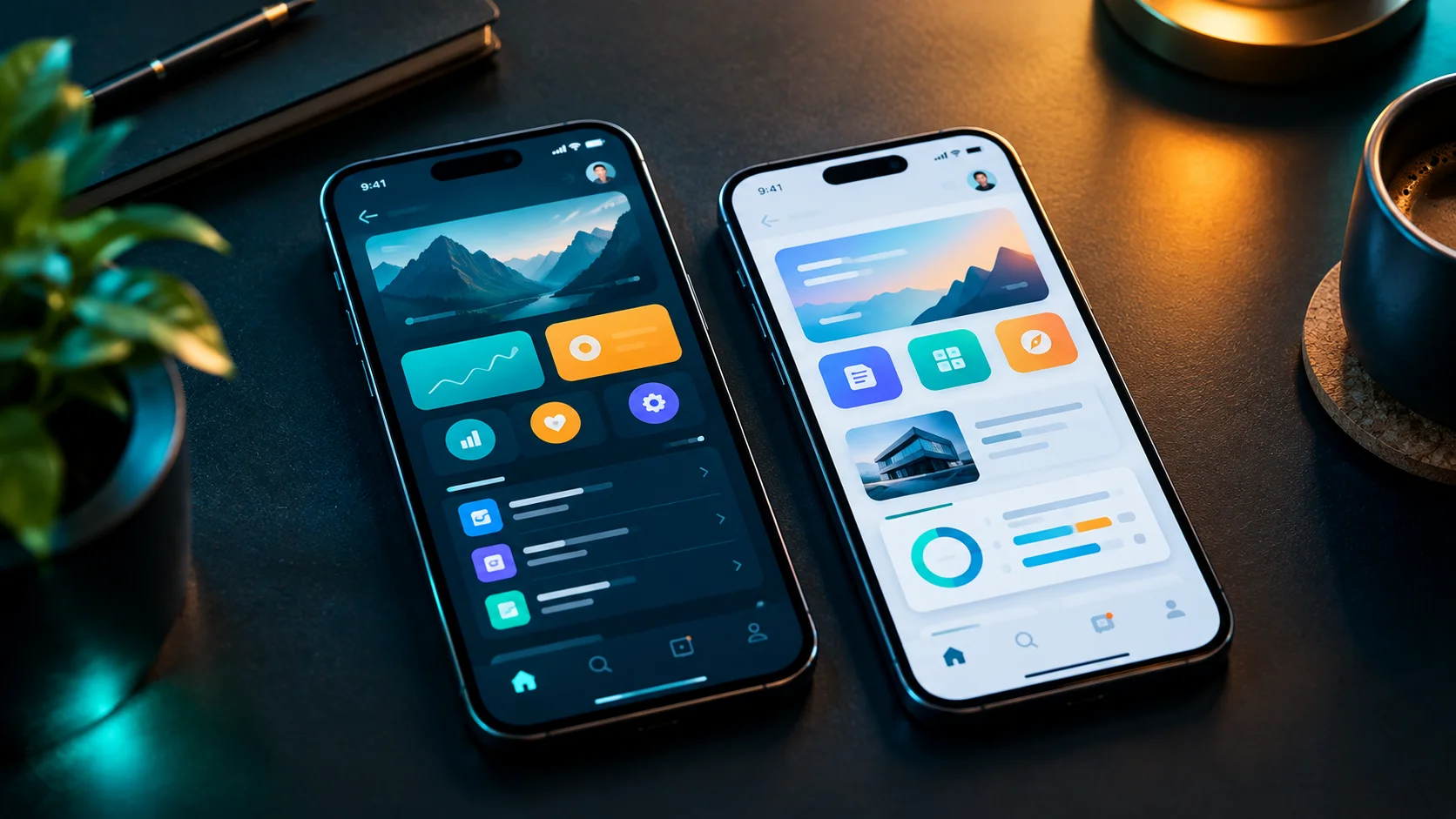 Two smartphones comparing Flutter and React Native mobile app interfaces