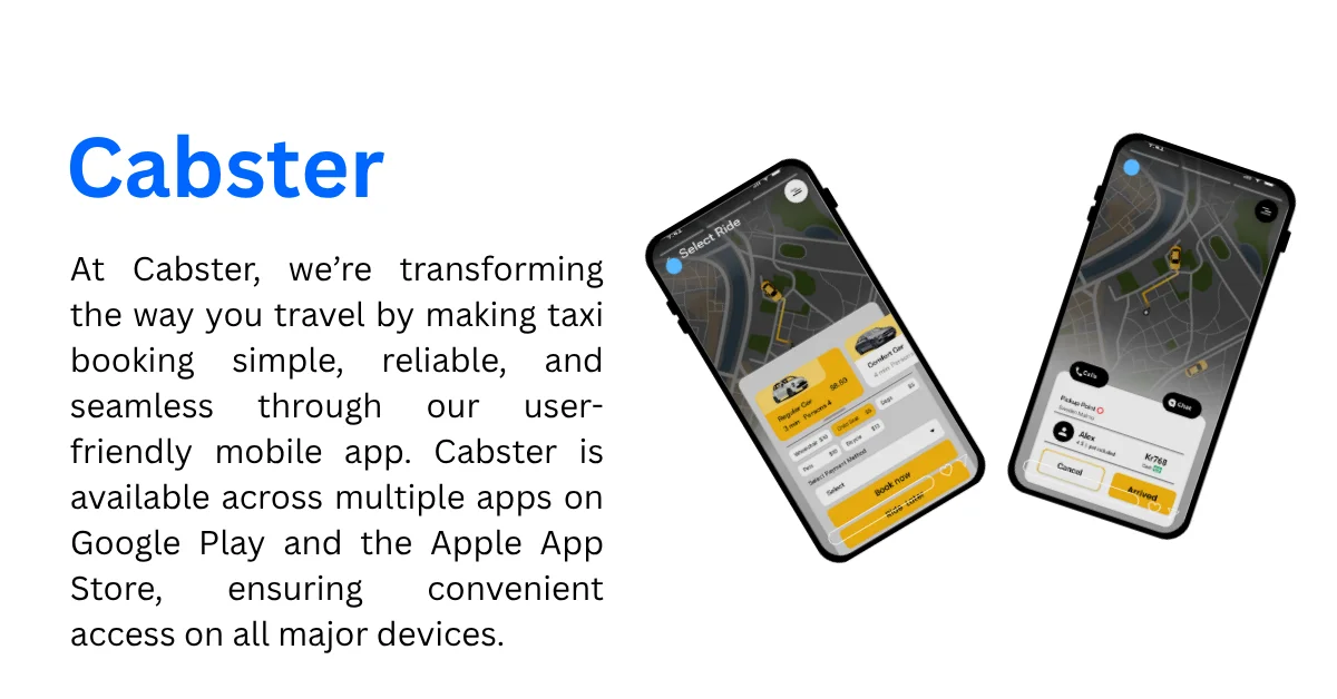 Cabster mobile app showing ride booking and live driver tracking