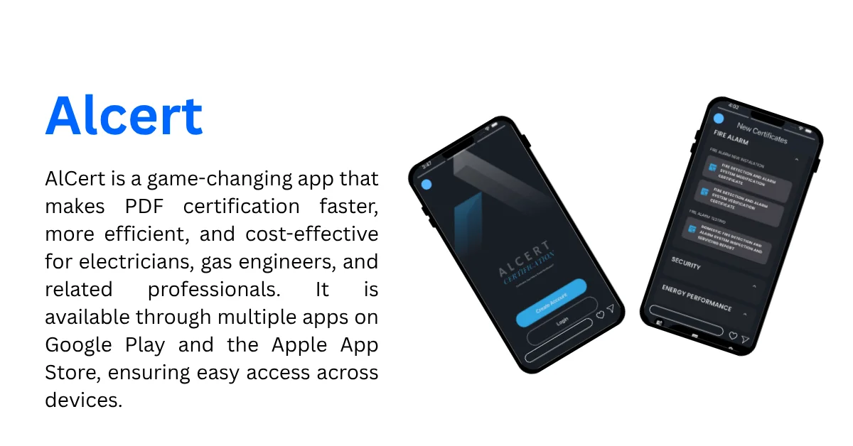 AlCert mobile app screens for on-site certification reports